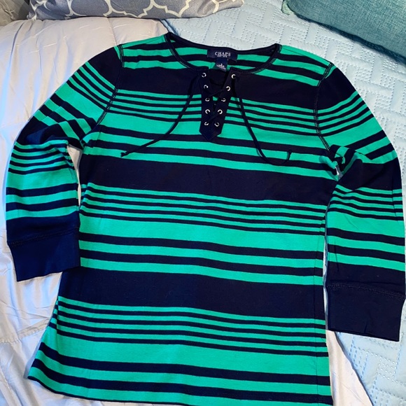 Chaps Tops - Chaps 100% Cotton long sleeve Henley top lace up green black stripe Small